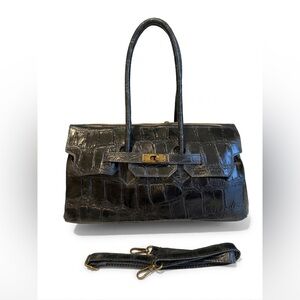 Made in Italy Black Croc-Embossed Leather Top-Handle Bag